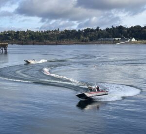 Member vessels perform booming exercise at the 2023 Boom Rodeo competition.