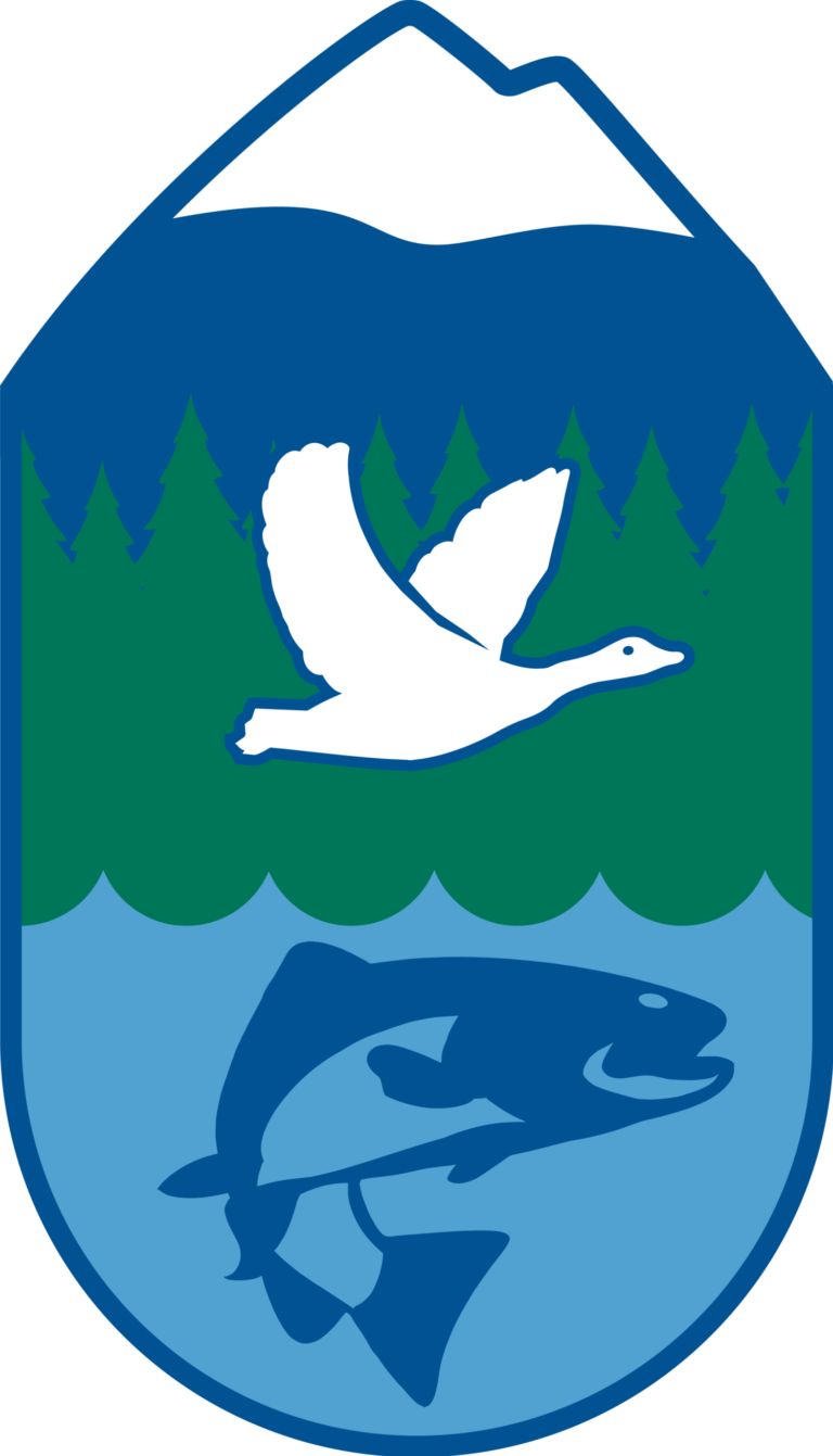 Clean Rivers Picture Logo. White mountain peek transitioning down to green trees in forest with white Canadian Goose flying in tree line, transitioning down to blue water with single swimming salmon.